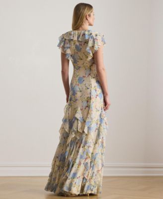 Floral Ruffle-Trim Georgette Gown