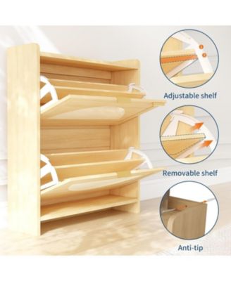 Wooden Shoe Cabinet with Rattan Doors, Flip Drawer Shoe Storage Cabinet with Adjustable Shelves, Narrow Hidden Entryway Shoe Cabinet