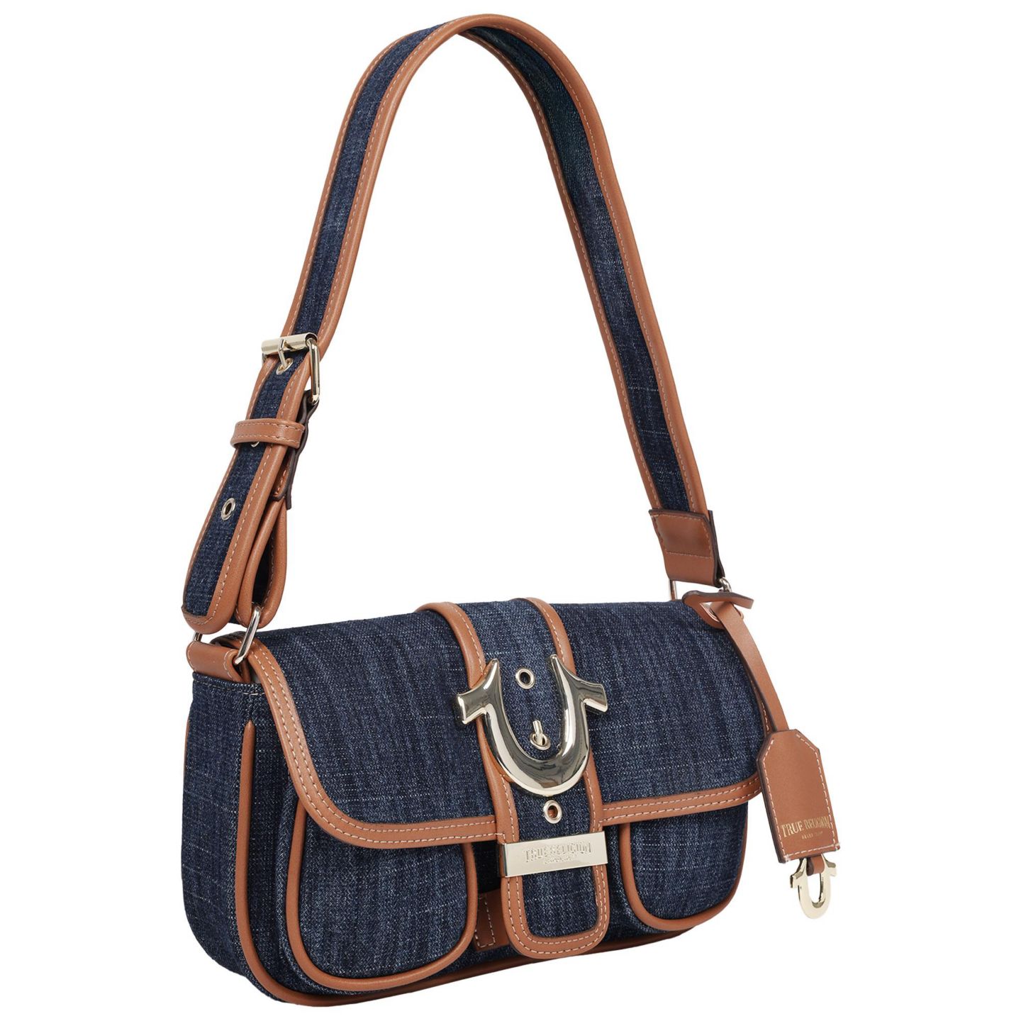 Женская сумка True Religion Double Pocket Denim Satchel with Horseshoe Hardware, цвет: Тёмный джинсовый — фото 2