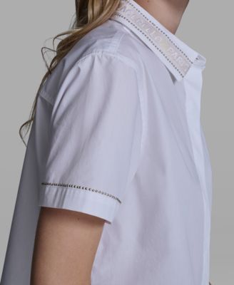 Women's Short-Sleeve KLP Embroidered-Collar Top