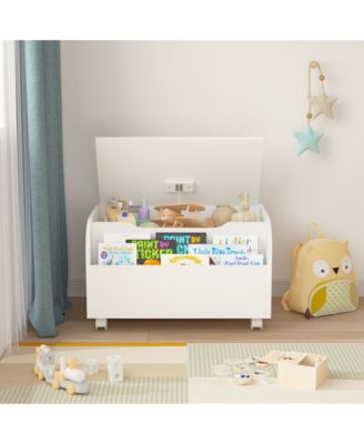 Kids Toy Storage Box - Wooden Toy & Book Organizer with 4 Wheels, Front Bookshelf, Flip-Top Lid and Safety Hinge for Playroom
