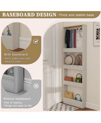 Behind Door Bookshelf - Wooden Slim Tall Bookcase with 4-Tier Shelves and 5 Hooks, Narrow Storage Cabinet for Living Room, Study Room