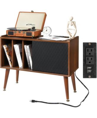 Large Record Player Stand with Charging Station, Vinyl Record Storage Cabinet with Sliding Door for Living Room Bedroom