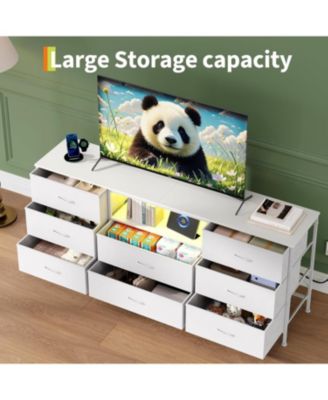 TV Stand Dresser for 45-65 Inch TV, Entertainment Center with LED Lights, 8 Fabric Drawers, Metal Frame Storage Cabinet