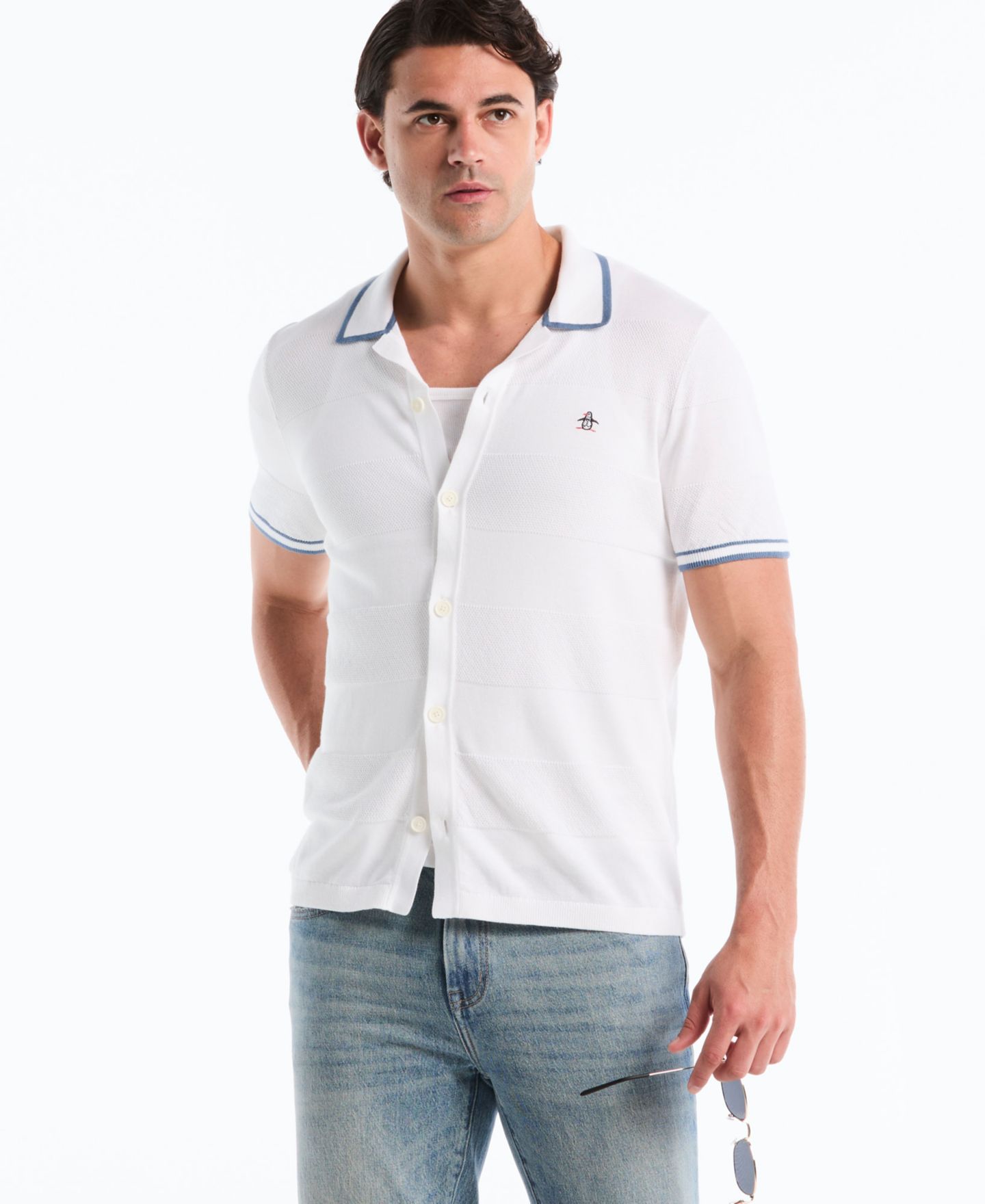 Мужской свитер Original Penguin Cotton Seed Stitch Polo Sweater, цвет: Яркий белый — фото 3