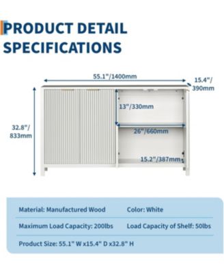 55" Fluted Buffet Cabinet with Storage, Modern 4-Door Accent Sideboard with Adjustable Shelf