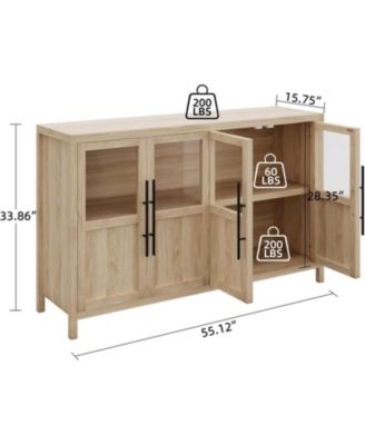 55 Inch Sideboard Buffet Cabinet with Four Glass Doors Large Modern Farmhouse Storage for Kitchen Dining and Living Room Natural