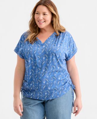Plus Size Printed Ruched-Tie V-Neck Top
