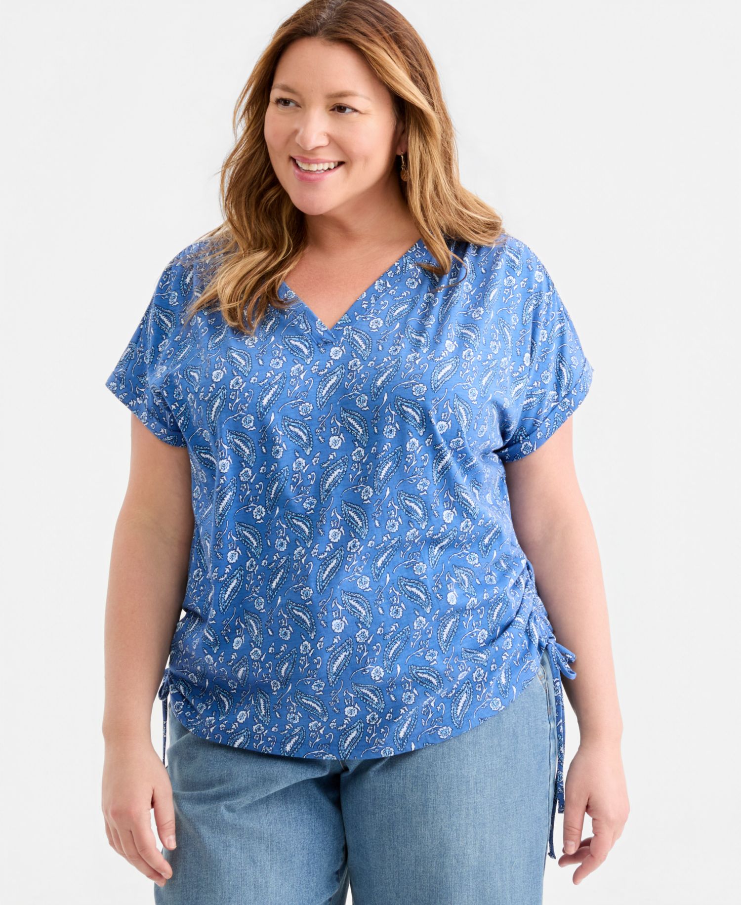 Plus Size Printed Ruched Tie-Hem V-Neck Top