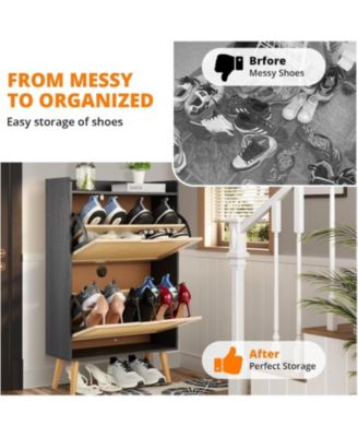 Slim MDF Shoe Storage Cabinet with 2 Rattan Flip Drawers