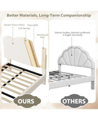 Upholstered  Kids Bed Frame with Scallop Velvet Headboard, Sturdy Platform, Wooden Slats, Noise-Free