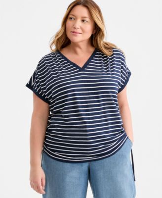 Plus Size Striped Ruched-Tie V-Neck Top