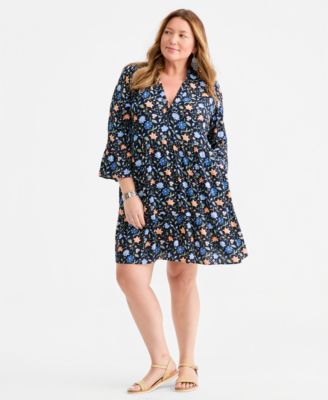 Plus Size Printed V-Neck 3/4-Sleeve Tiered Dress