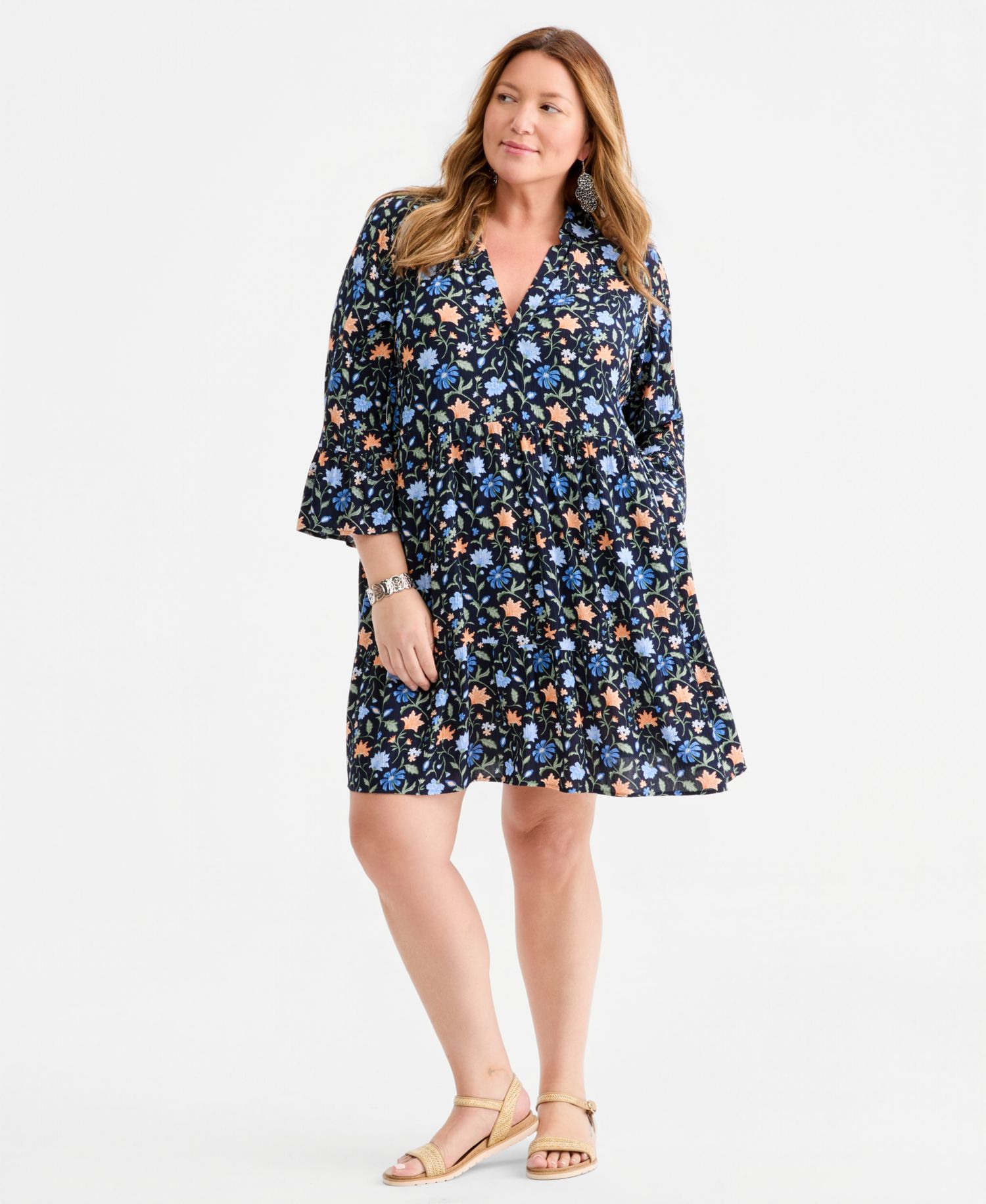 Plus Size Printed V-Neck 3/4-Sleeve Tiered Dress