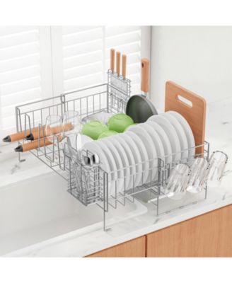 2-Tier Detachable Stainless Steel Dish Drying Rack with Cutlery Box and Cup Holder