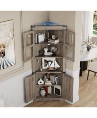 67inch Tall Corner Storage Cabinet with Lights Farmhouse Corner Hutch Display Cabinet with Glass Doors