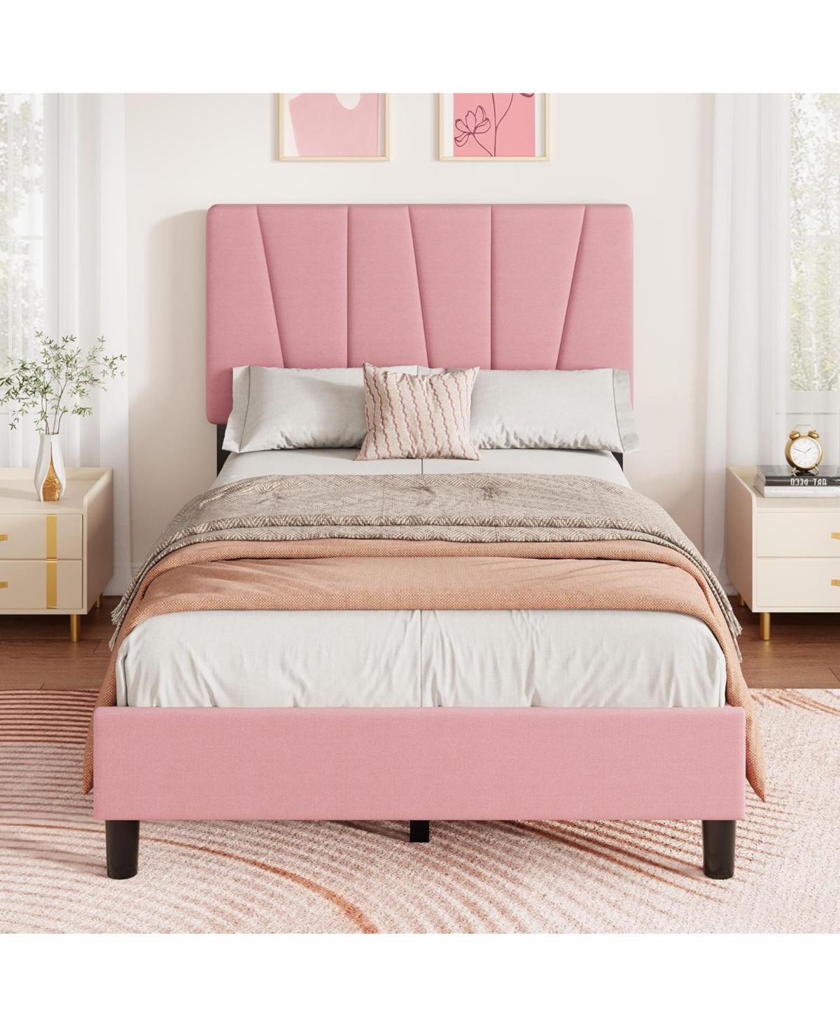 gaomon Twin Xl Upholstered Platform Bed Frame with Fabric Headboard, Wooden Slat Support, No Box Spring Needed, Easy Assembly