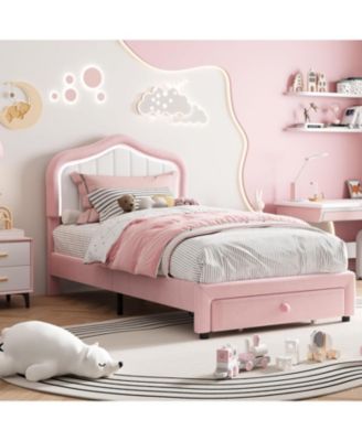 Bed Frame with LED Lights Storage Drawer Velvet Platform for Kids Wood Slats