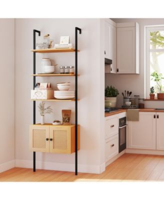 Ladder Bookshelf 5 Tier with Rattan Cabinet and Metal Frame