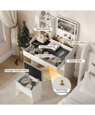 Vanity Desk with LED Mirror & Charging, Small Makeup Vanity Set, 2 Drawers, Stool, Storage for Girls
