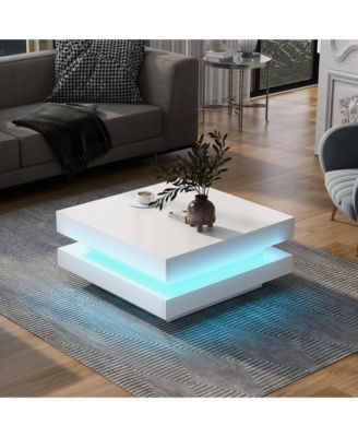 2-Tier Square Coffee Table, Modern High Gloss LED Center Table with Storage for Living Room and Home Office