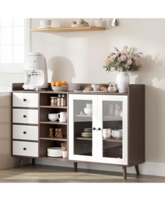 Farmhouse Sideboard Buffet Cabinet with Adjustable Shelves Glass Doors and Open Storage for Kitchen Dining and Entryway Walnut