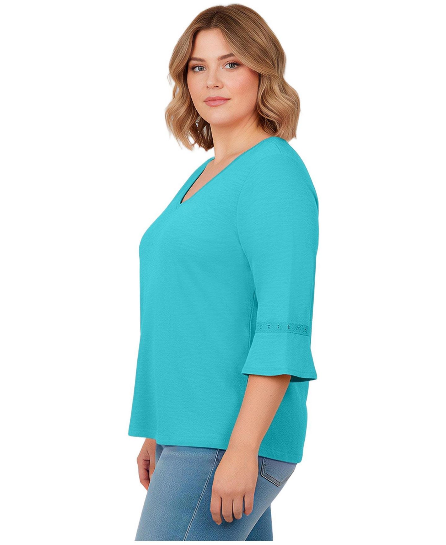 Женский топ Avenue Plus Size Crochet Trim Ruffle Sleeve, цвет: Аквамариновый синий — фото 2