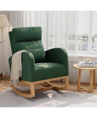 Corduroy Rocking Chair, Modern Nursery Glider with Side Pockets & Pillow, Living Room, Bedroom