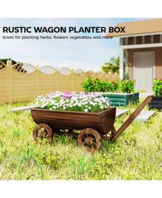 Wooden Wagon Planter Box, Mobile Garden Planter with 4 Wheels