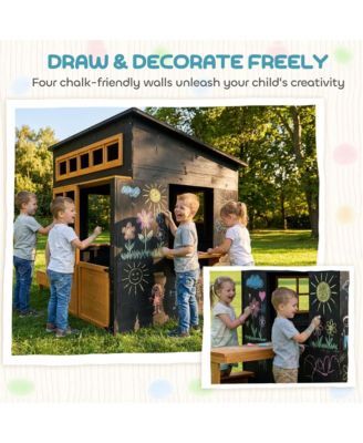 Kids Outdoor Playhouse, Wooden Kids Playhouse w/ Picnic Table