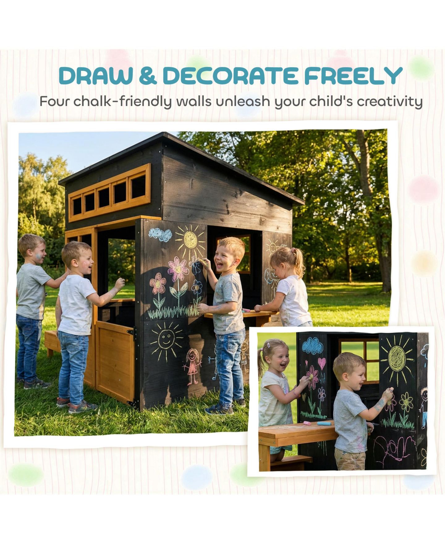 Детская игрушка Qaba Kids Outdoor Wooden Playhouse With Picnic Table, For 2-4 Players, Ages 3+, цвет: Чёрный — фото 5