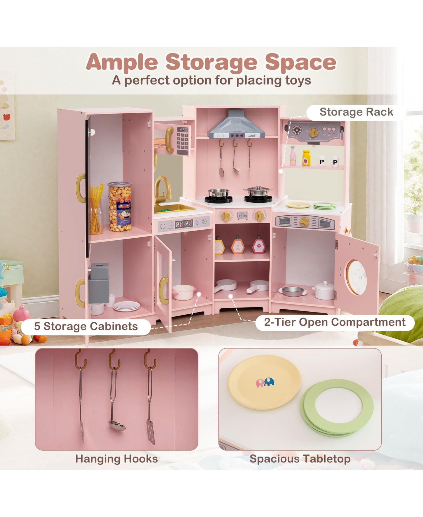 Детские игрушки SUGIFT Corner Wooden Play Kitchen with Lights and Sounds Large Pretend Play Kitchen Set, цвет: Розовый — фото 8