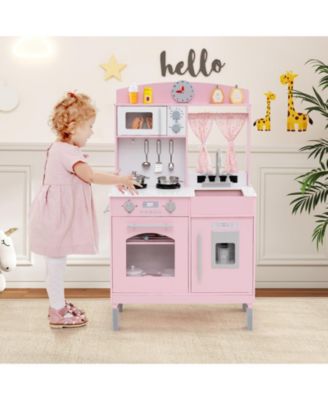 Play Kitchen for Kids, Wooden Chef Pretend Playset with 3 Adjustable Heights & Microwave