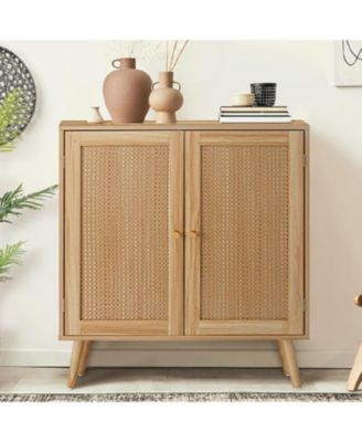 Natural Rattan Buffet Cabinet with Adjustable Shelves and Solid Wood Feet, Multifunctional Sideboard for Dining Room Hallway Entryway
