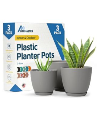 Gray Plant Pots 3-Pack with Drainage Holes & Saucers, Stackable Space-Saving Indoor & Outdoor Planters
