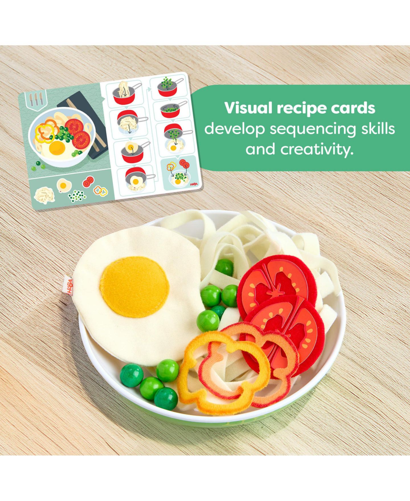Детские игрушки Haba Fresh Box Wooden Meal Kit Playset with Fabric Ingredients and Recipe Cards, 80+ Pieces, Ages 3+ — фото 5