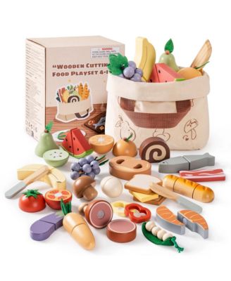 Wooden Play Food 4-in-1 Cutting Set Pretend Play Toy Food for Play Kitchen with Shopping Bag Kids Kitchen Accessories for Boys Girls