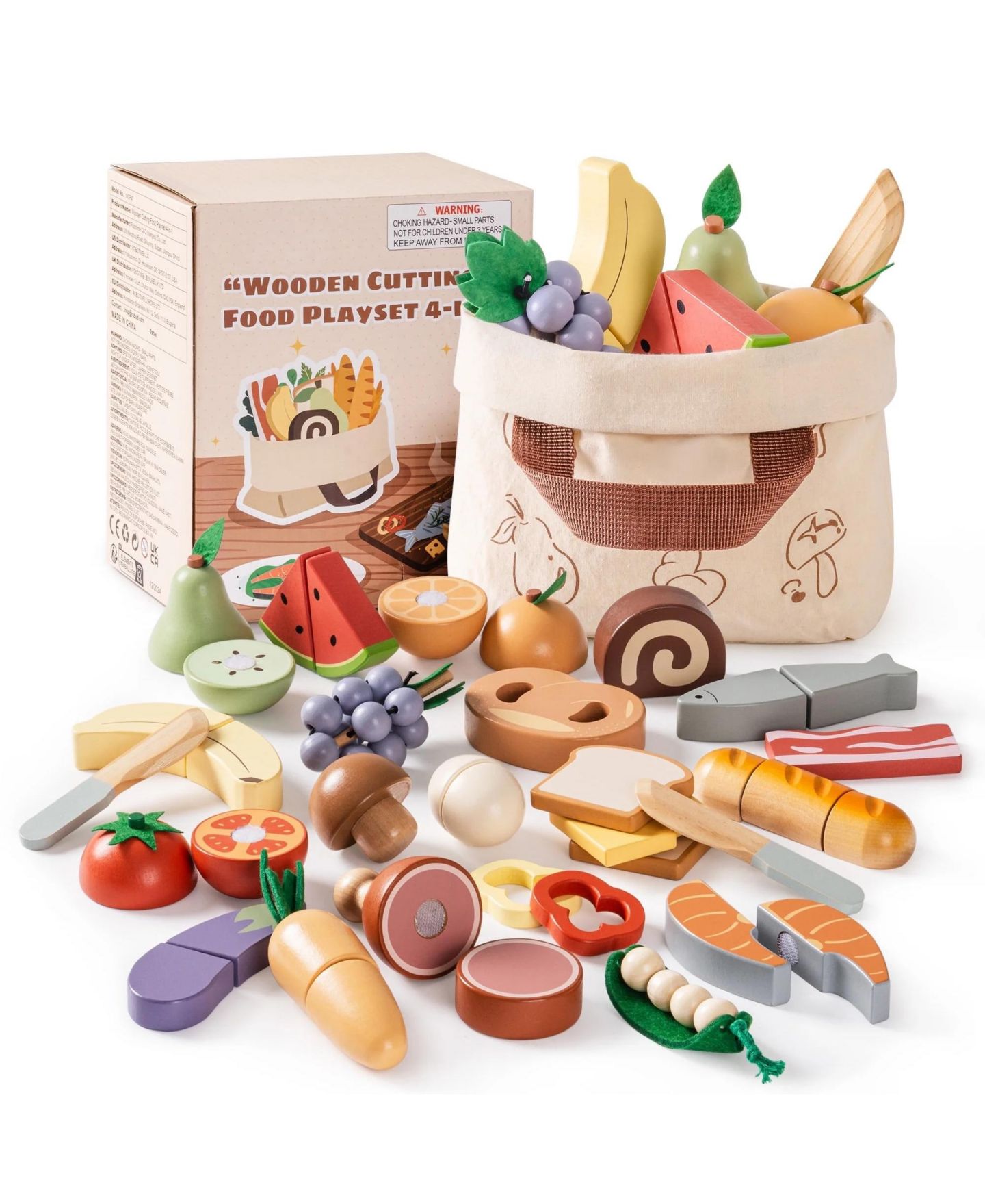 Детские игрушки Robotime Wooden Play Food 4-in-1 Cutting Set Pretend Play Toy Food for Play Kitchen with Shopping Bag Kids Kitchen Accessories for Boys Girls, цвет: Бежевый — фото 1