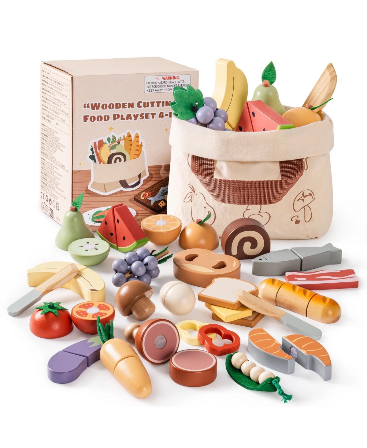 Robotime Wooden Play Food 4-in-1 Cutting Set Pretend Play Toy Food for Play Kitchen with Shopping Bag Kids Kitchen Accessories for Boys Girls
