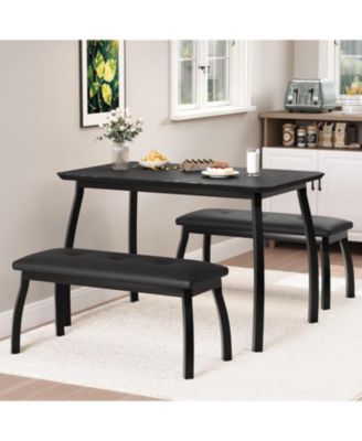 3-Piece Wooden Dining Table Set with 2 Upholstered Benches