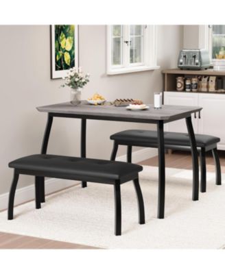 3-Piece Wooden Dining Table Set with 2 Upholstered Benches