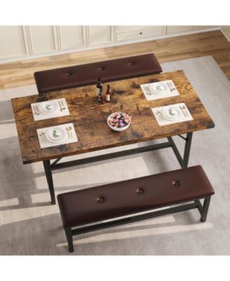 3-Piece 63" Extendable Rectangular Dining Table Set with 2 Upholstered Benches