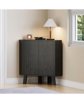 industrial 3 tier wooden corner cabinet with adjustable shelves and doors—freestanding triangle design for space saving living room storage.