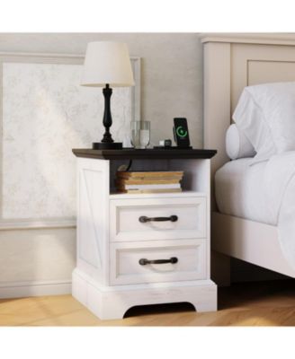 Farmhouse Nightstand with Charging Station Set of 2, Rustic Open Shelf, USB