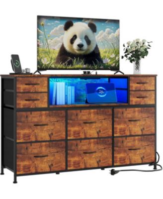 10 Fabric Drawers Dresser, Entertainment Center TV Stand with Power Outlet & LED Light for 45"-55" TV, Chest of Drawers with Wood