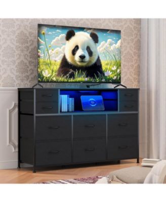 10 Fabric Drawers Dresser, Entertainment Center TV Stand with Power Outlet & LED Light for 45"-55" TV, Chest of Drawers with Wood