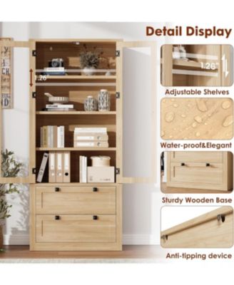 Tall Kitchen Pantry Cabinet - Modern Display Storage Cabinet with 2 Large Drawers, Glass Doors, and Adjustable Shelves