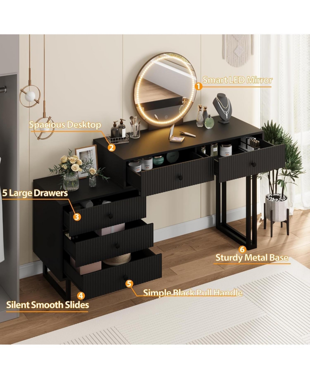 gaomon Vanity Desk with Mirror and Lights, Small Makeup Vanity with 5 Drawers for Bedroom, Modern Makeup Vanity Organizer