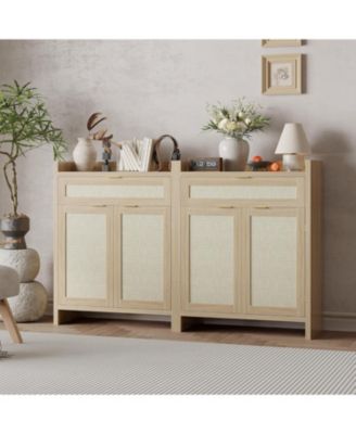 32” boho rattan shoe cabinet with doors and drawer, adjustable shelf, and wood finish—ideal as a coffee bar or accent console.