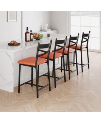 Set of 4 22" Bar Stools, Counter Height, PU Upholstered Seat, Metal Frame, X-Back, for Kitchen Island